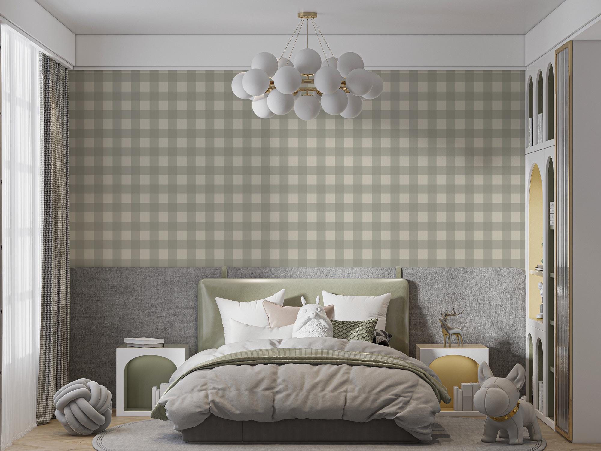 Sage Green Buffalo Plaid Peel and Stick Wallpaper Mural - View 3