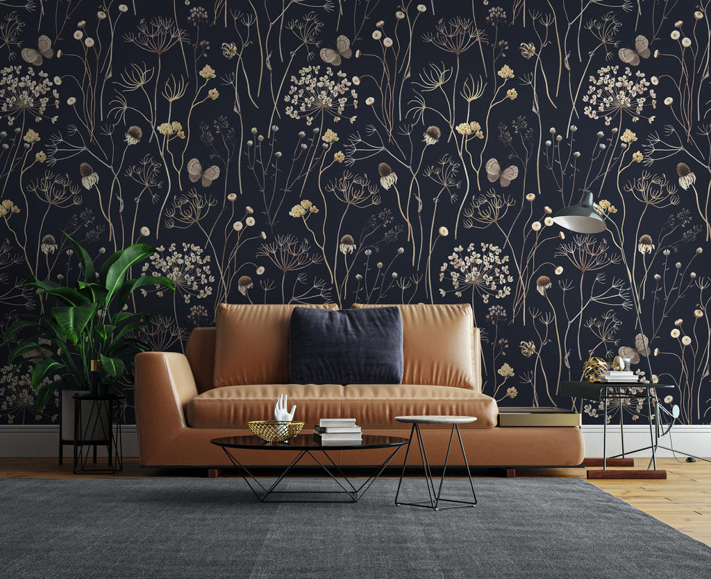 Dark Floral Wallpaper: Gold Wildflowers and Butterflies, Vintage Wall Mural - View 5