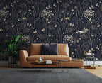 Dark Floral Wallpaper: Gold Wildflowers and Butterflies, Vintage Wall Mural - View 5