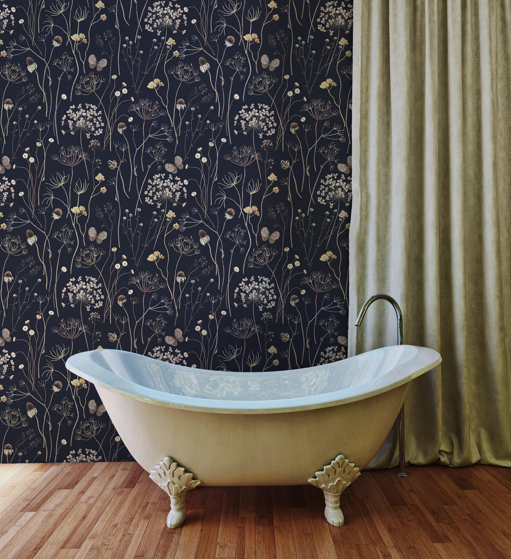 Dark Floral Wallpaper: Gold Wildflowers and Butterflies, Vintage Wall Mural - View 3