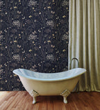 Dark Floral Wallpaper: Gold Wildflowers and Butterflies, Vintage Wall Mural - View 3