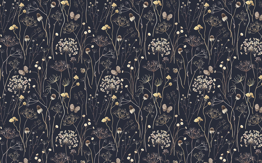 Dark Floral Wallpaper: Gold Wildflowers and Butterflies, Vintage Wall Mural - View 7