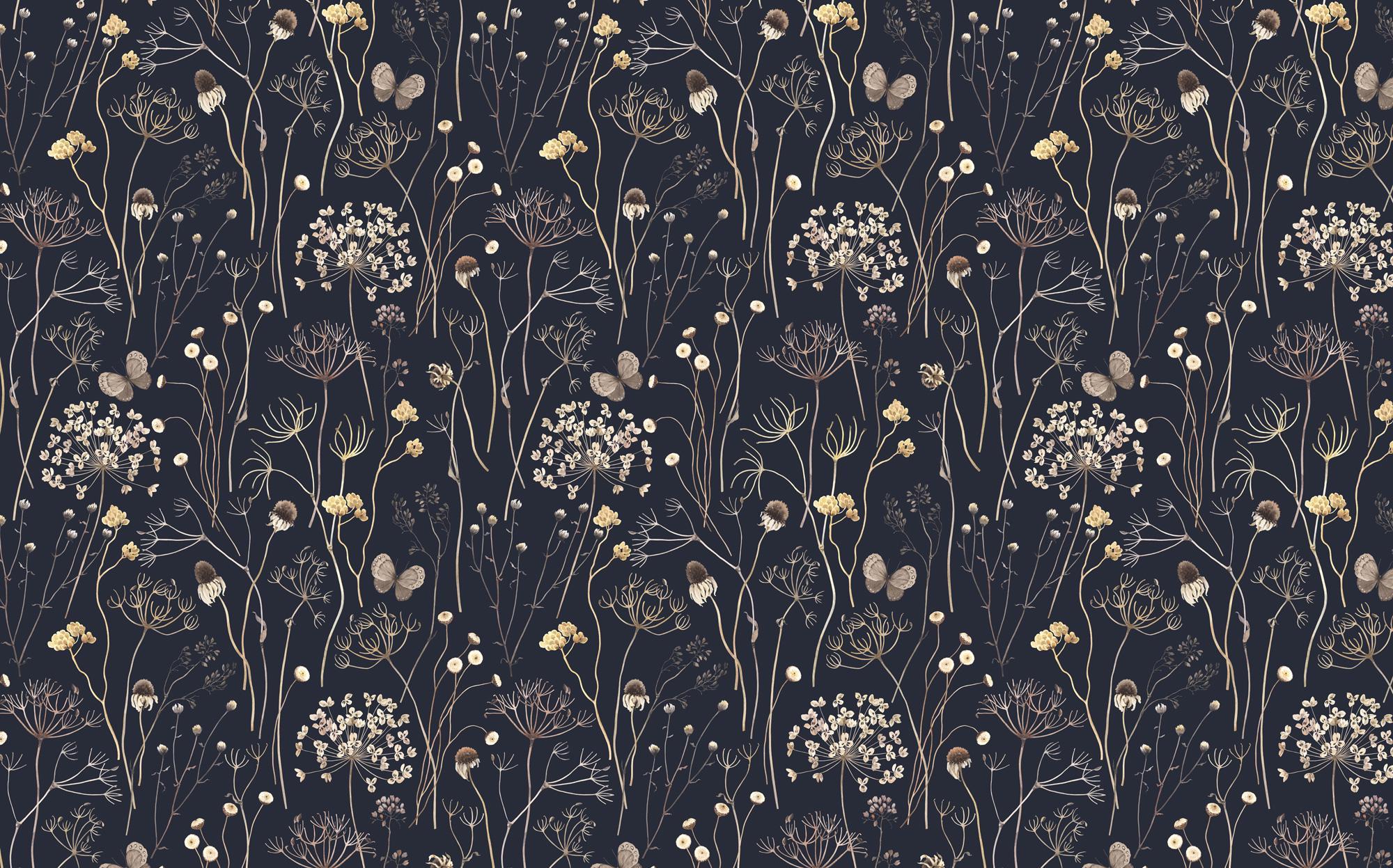 Dark Floral Wallpaper: Gold Wildflowers and Butterflies, Vintage Wall Mural - View 7