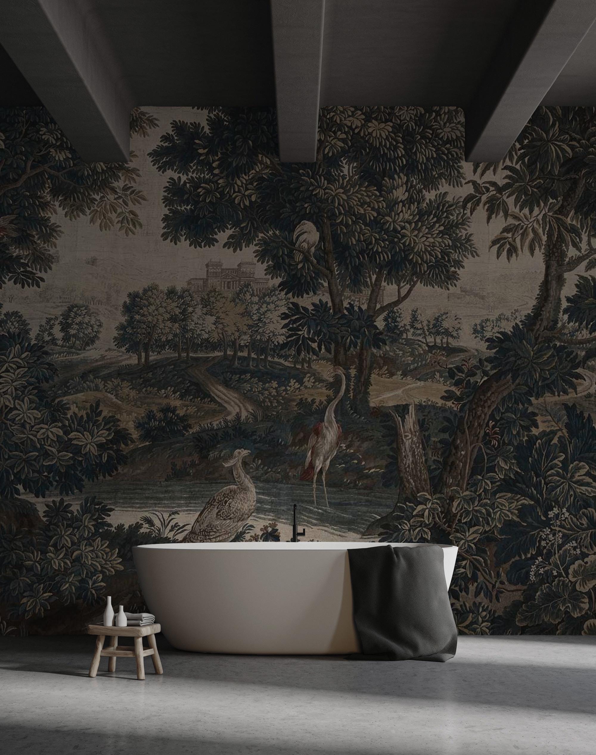 Dark Vintage Landscape Mural - Elegant Peel and Stick Wallpaper - View 8