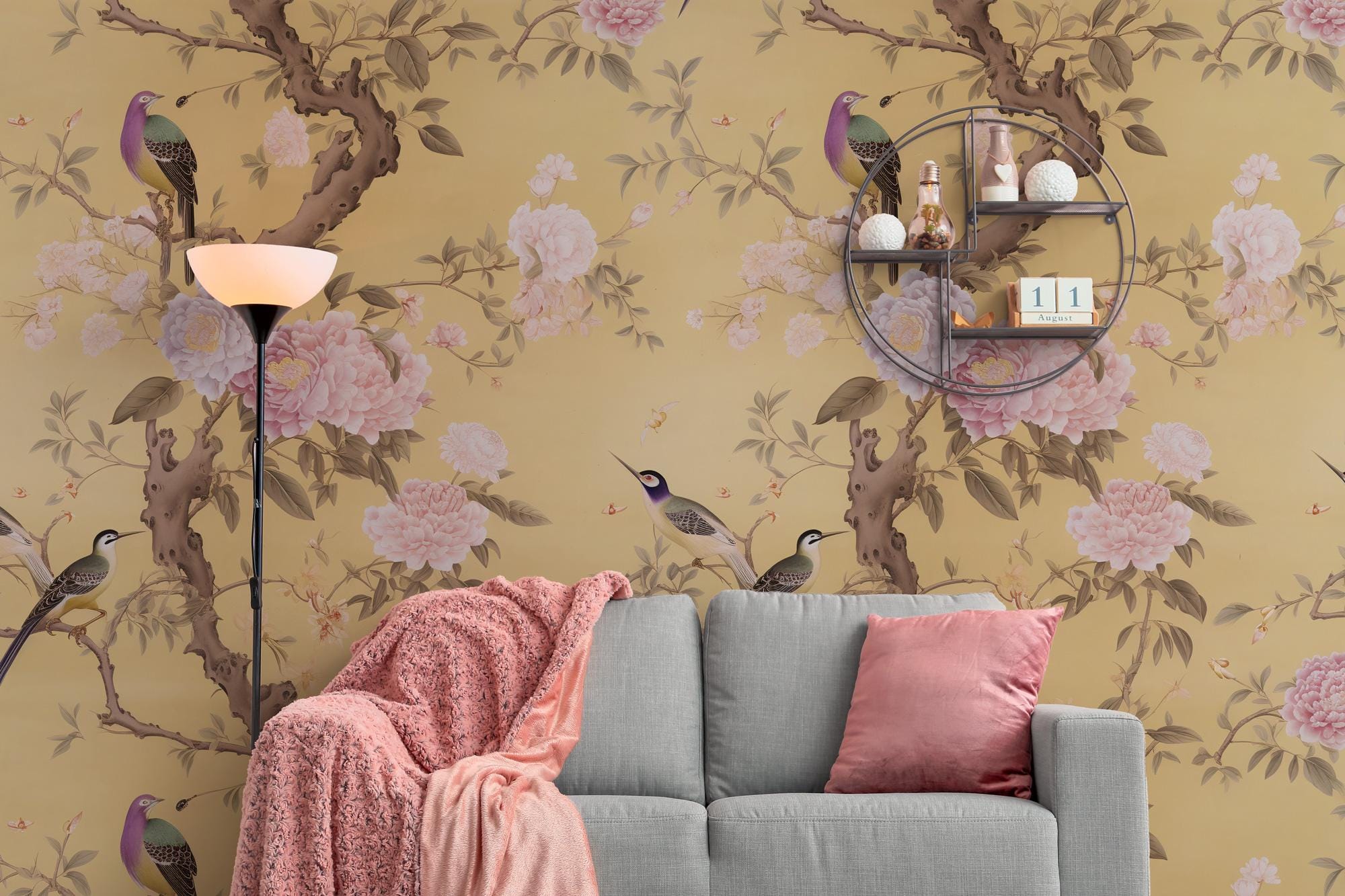 Chinoiserie Floral Peel and Stick Wallpaper: Birds & Blossoms Wall Mural - View 5
