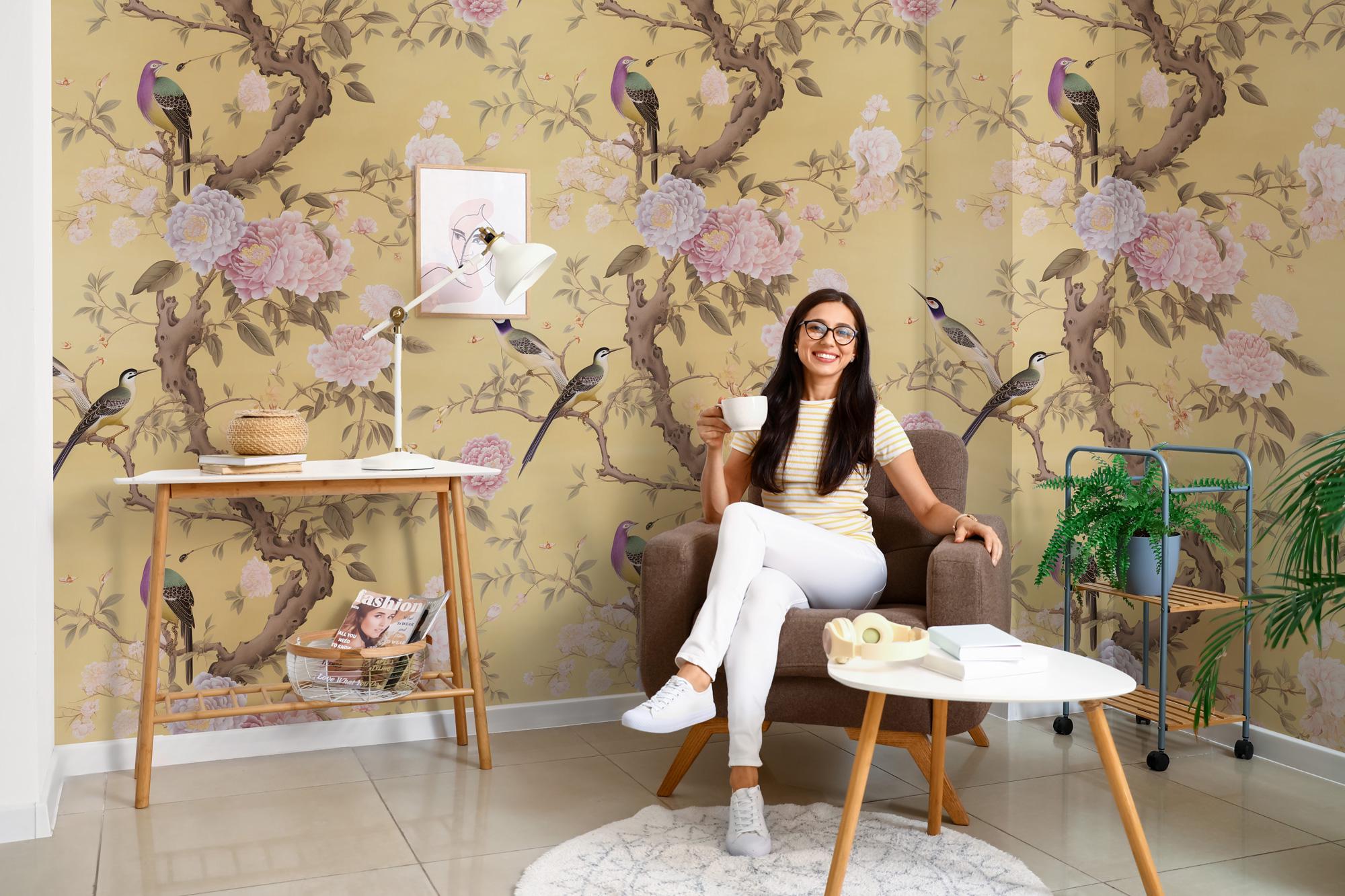 Chinoiserie Floral Peel and Stick Wallpaper: Birds & Blossoms Wall Mural - View 4