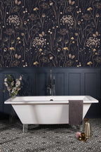 Dark Floral Wallpaper: Gold Wildflowers and Butterflies, Vintage Wall Mural