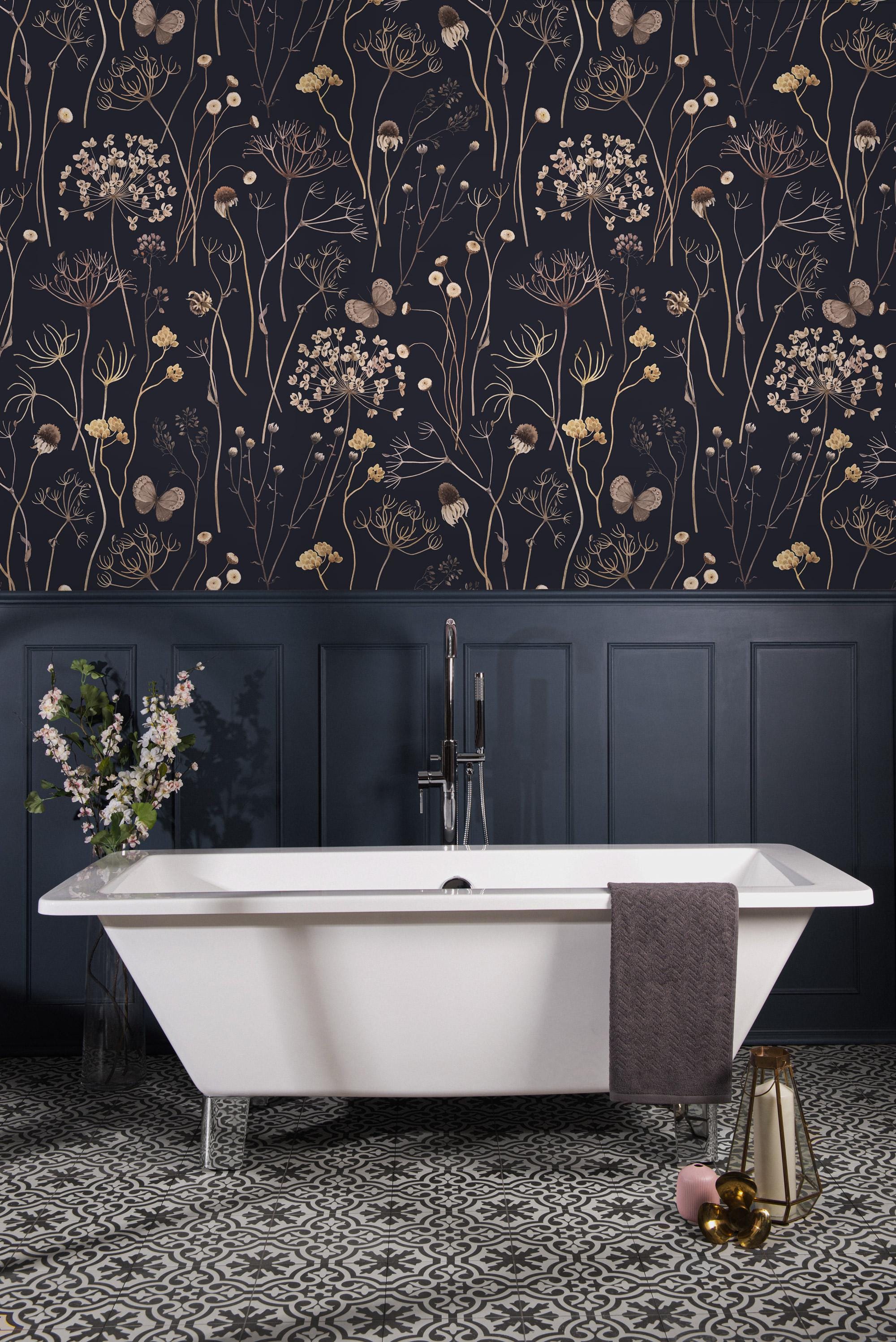 Dark Floral Wallpaper: Gold Wildflowers and Butterflies, Vintage Wall Mural