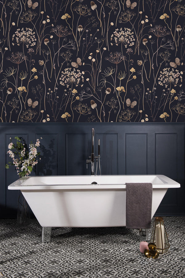 Dark Floral Wallpaper: Gold Wildflowers and Butterflies, Vintage Wall Mural