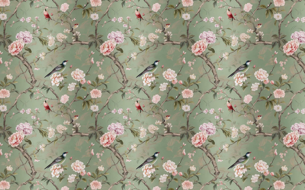 Vintage Green Chinoiserie Wallpaper : Birds & Blossoms Asian Wall Mural - View 7