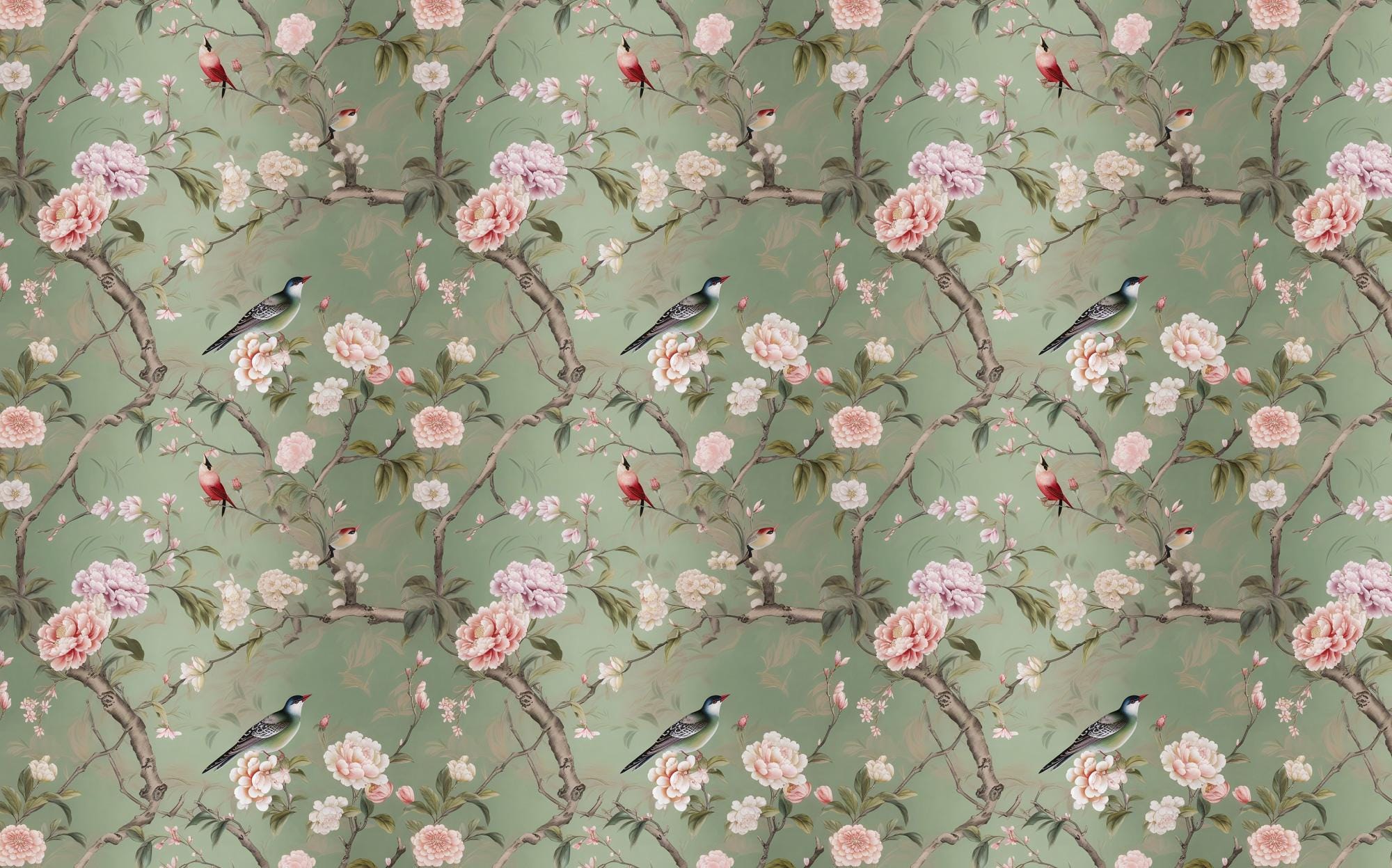Vintage Green Chinoiserie Wallpaper : Birds & Blossoms Asian Wall Mural - View 7