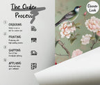 Vintage Green Chinoiserie Wallpaper : Birds & Blossoms Asian Wall Mural - View 5