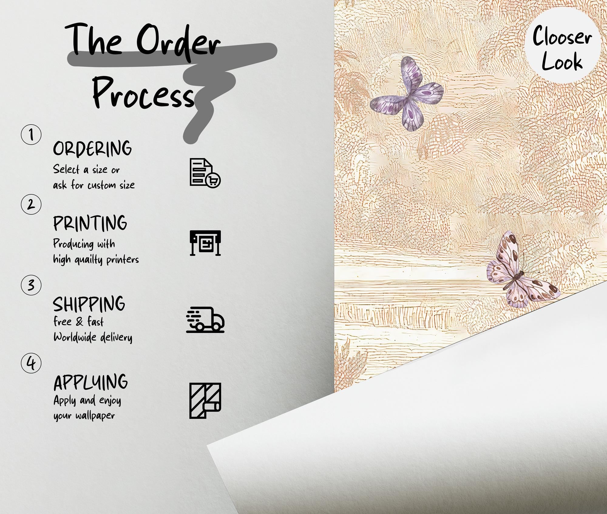 Pastoral Butterfly Wallpaper Mural: Beige Scenic Nursery, Peel and Stick - View 3