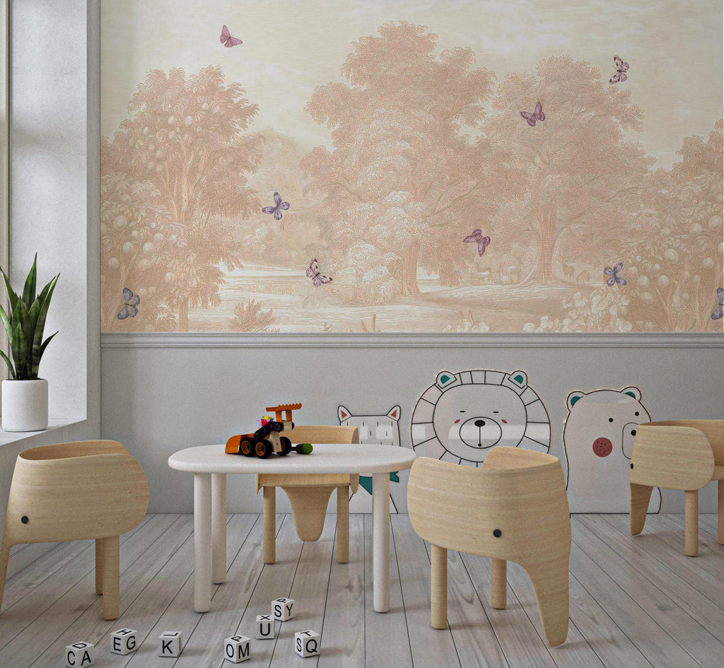 Pastoral Butterfly Wallpaper Mural: Beige Scenic Nursery, Peel and Stick - View 6