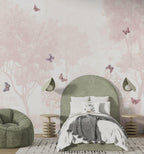 Pastel Butterfly Nursery Mural: Soft Pink Scenic Wallpaper (Peel and Stick) - View 4
