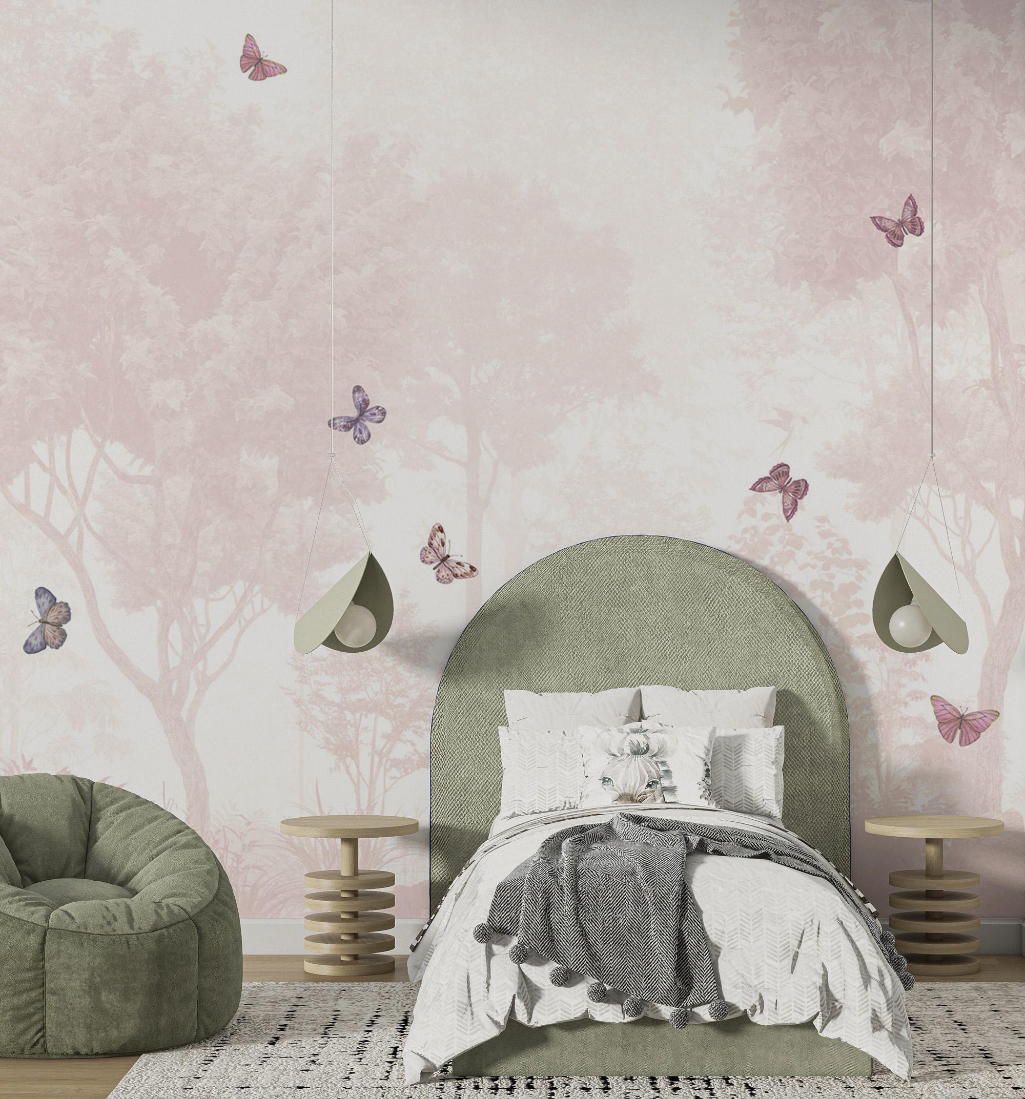 Pastel Butterfly Nursery Mural: Soft Pink Scenic Wallpaper (Peel and Stick) - View 4