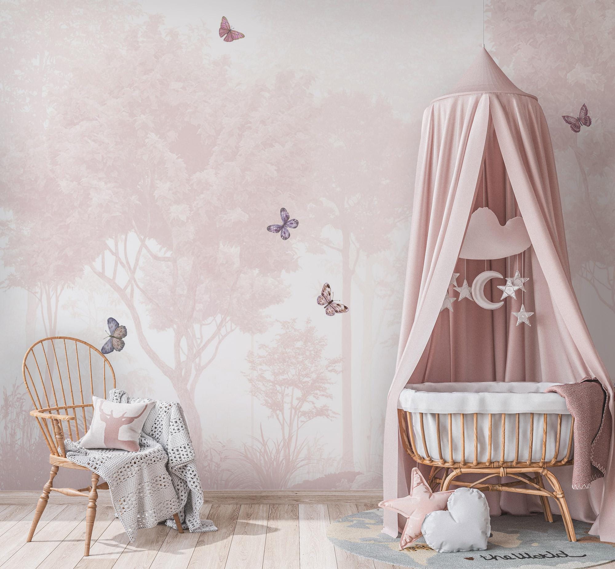 Pastel Butterfly Nursery Mural: Soft Pink Scenic Wallpaper (Peel and Stick)