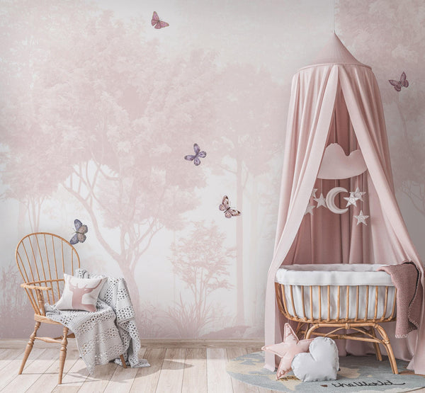 Pastel Butterfly Nursery Mural: Soft Pink Scenic Wallpaper (Peel and Stick)