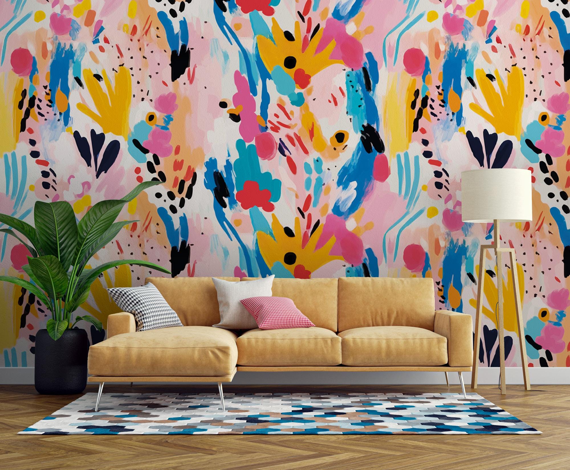 Abstract Floral Wallpaper: Hand Painted Watercolor Wall Mural, Peel and Stick - View 2