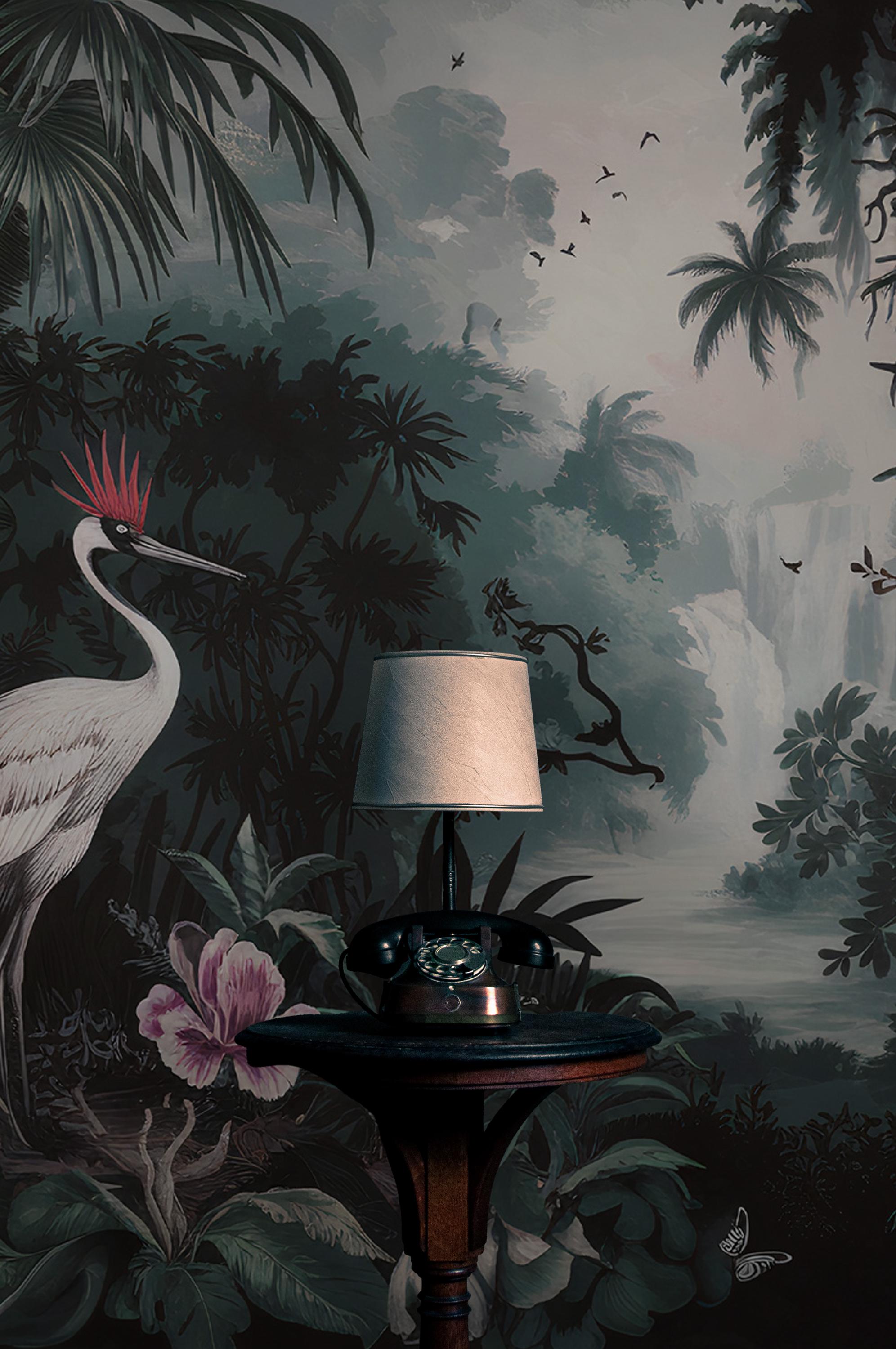 Jungle Crane Wallpaper Mural: Dark Tropical Wall Art, Elegant Interiors - View 5