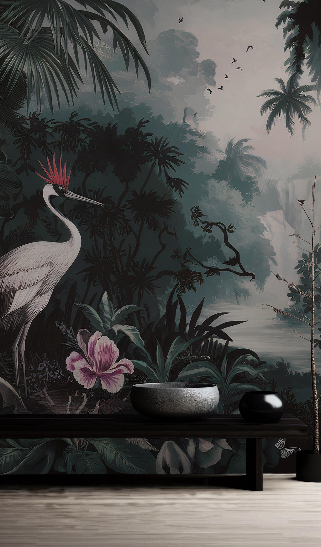 Jungle Crane Wallpaper Mural: Dark Tropical Wall Art, Elegant Interiors - View 6