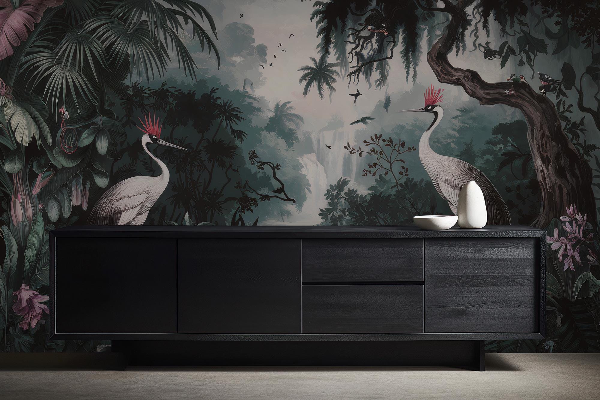 Jungle Crane Wallpaper Mural: Dark Tropical Wall Art, Elegant Interiors - View 3