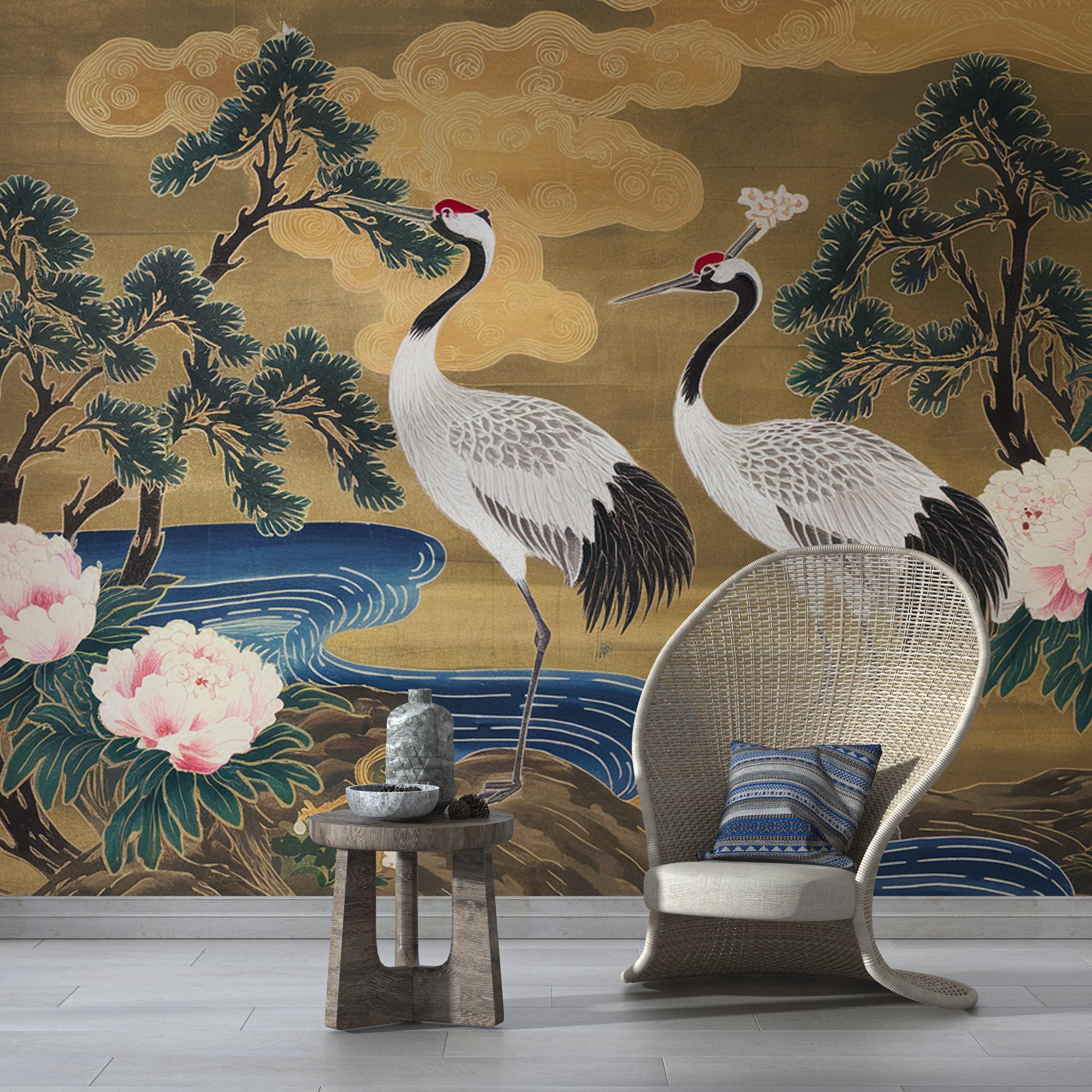 Chinoiserie Crane Wallpaper: Vintage Japanese Birds Wall Mural - View 3