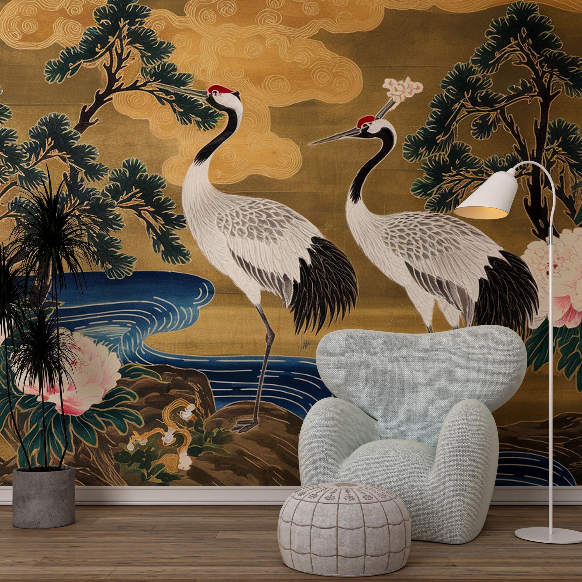 Chinoiserie Crane Wallpaper: Vintage Japanese Birds Wall Mural
