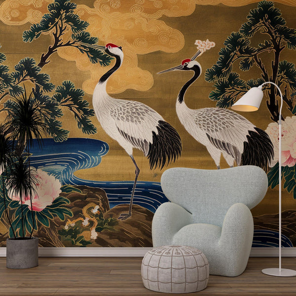 Chinoiserie Crane Wallpaper: Vintage Japanese Birds Wall Mural