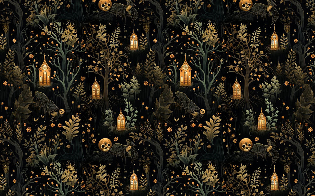 Gothic Haunted Forest Wallpaper: Spooky Skull Church Mural - View 6