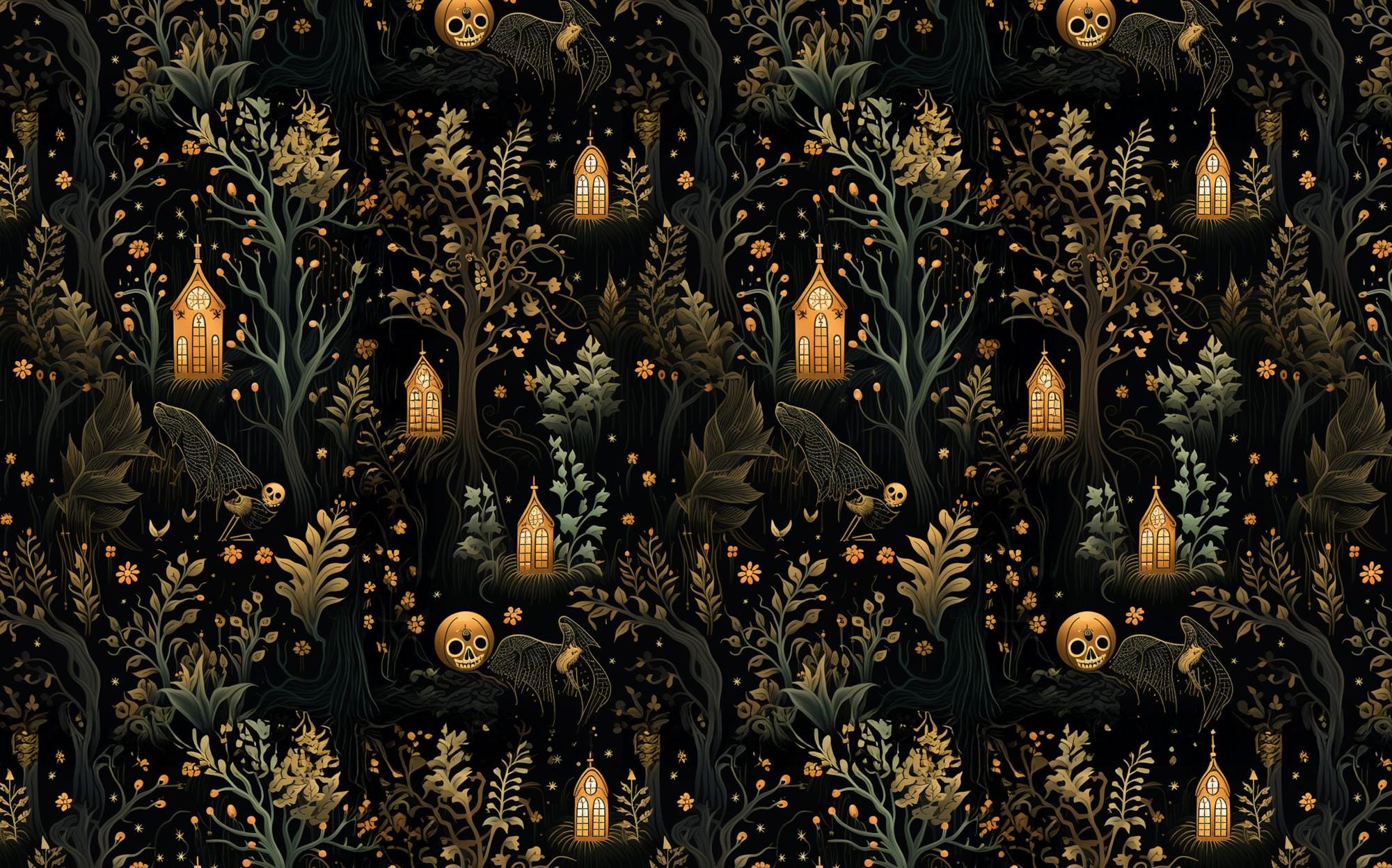 Gothic Haunted Forest Wallpaper: Spooky Skull Church Mural - View 6