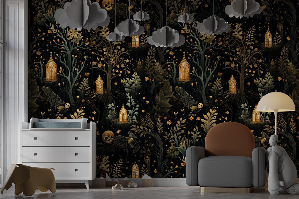 Gothic Haunted Forest Wallpaper: Spooky Skull Church Mural - View 3