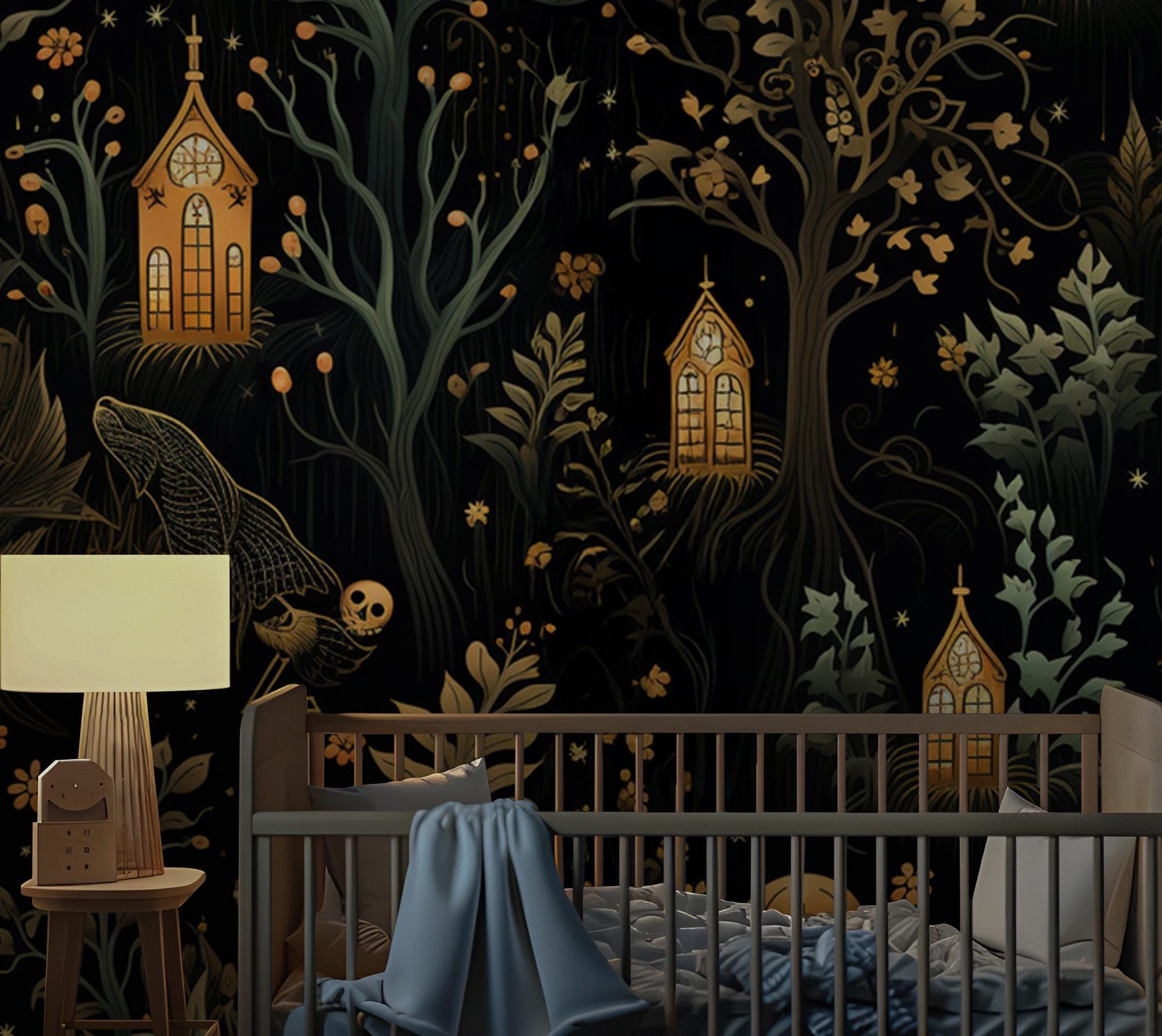Gothic Haunted Forest Wallpaper: Spooky Skull Church Mural