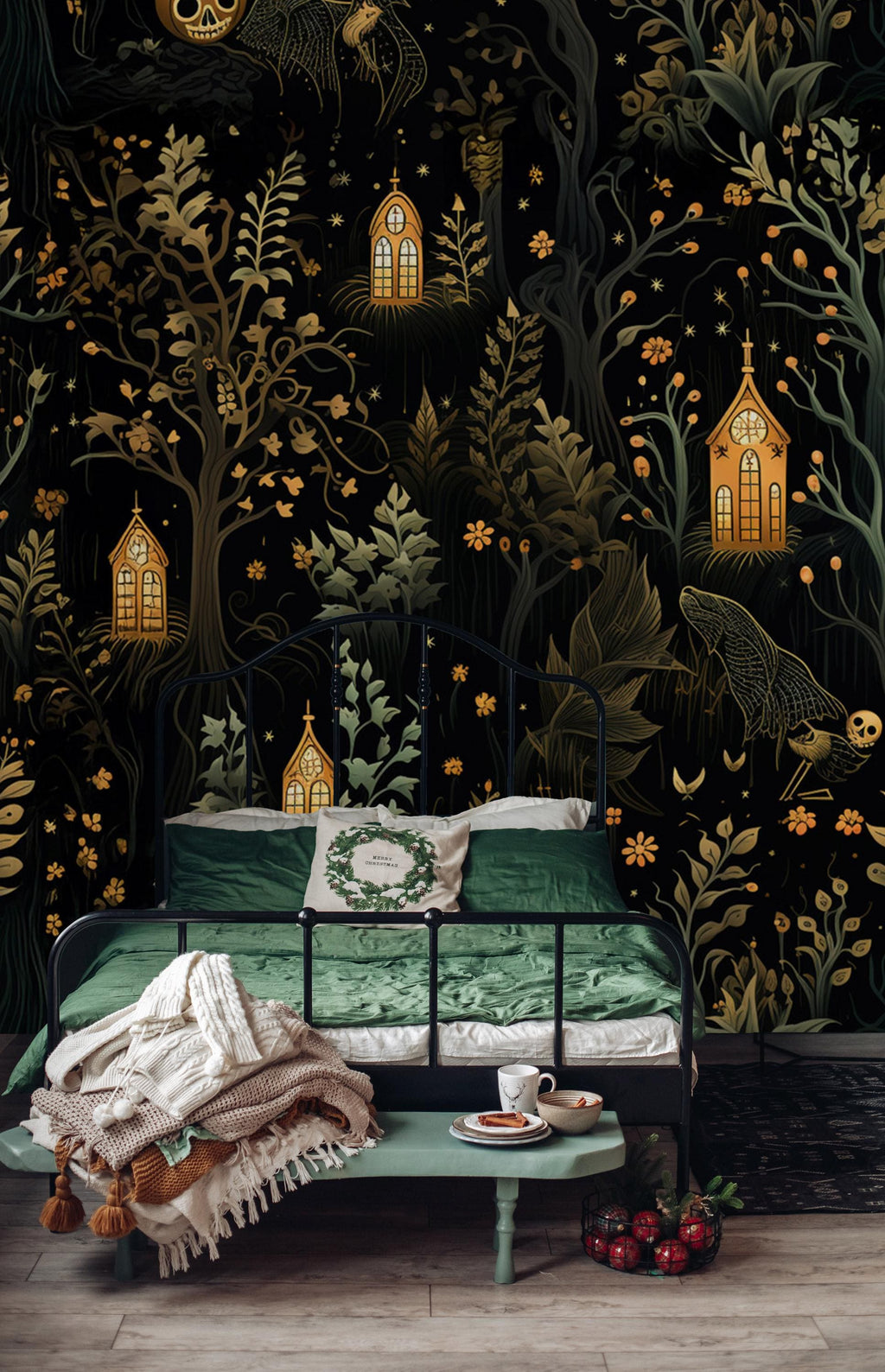Gothic Haunted Forest Wallpaper: Spooky Skull Church Mural - View 2