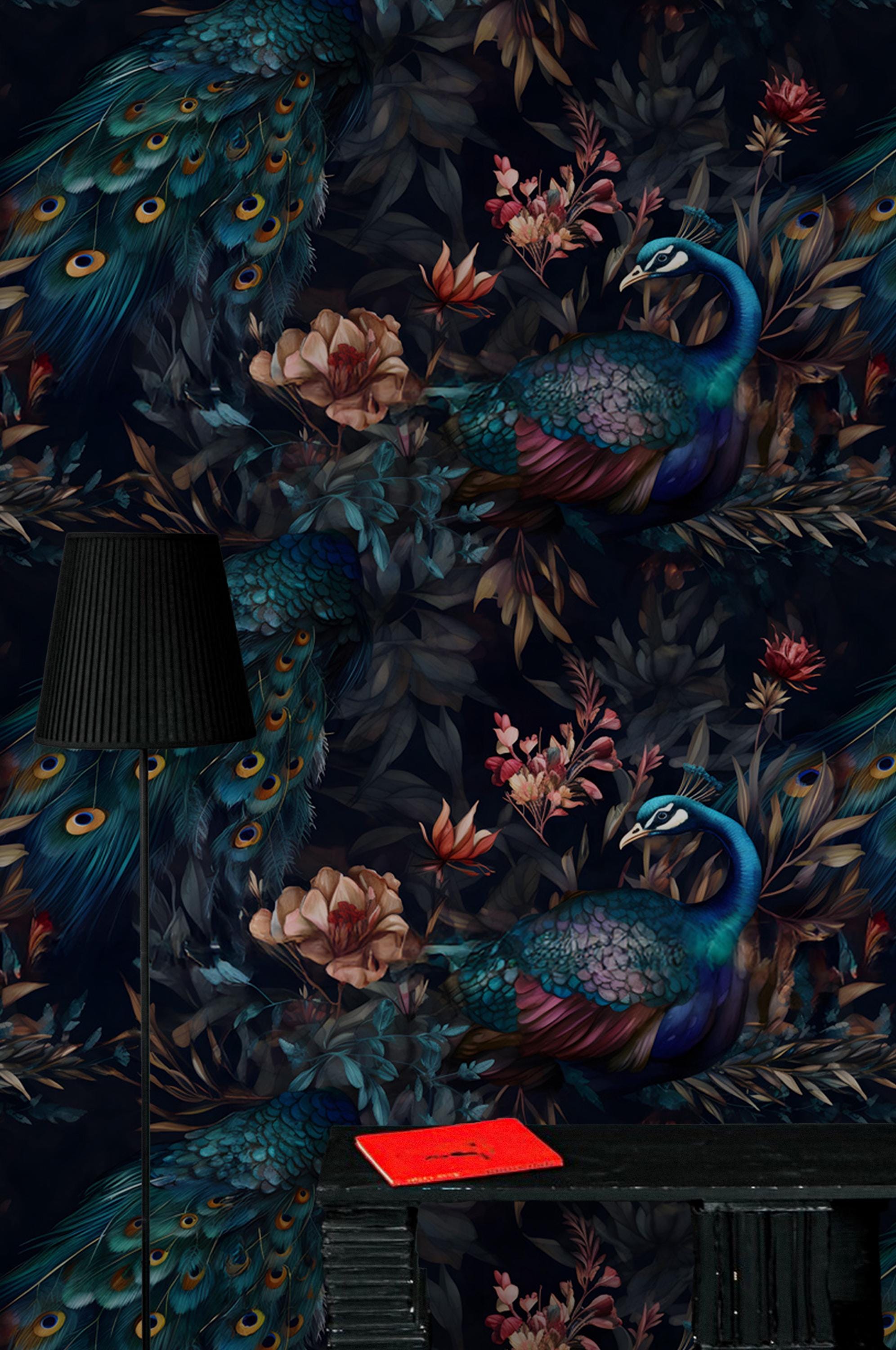 Peacock Wallpaper: Vintage Floral Mural, Moody Interior Decor, Peel & Stick - View 3