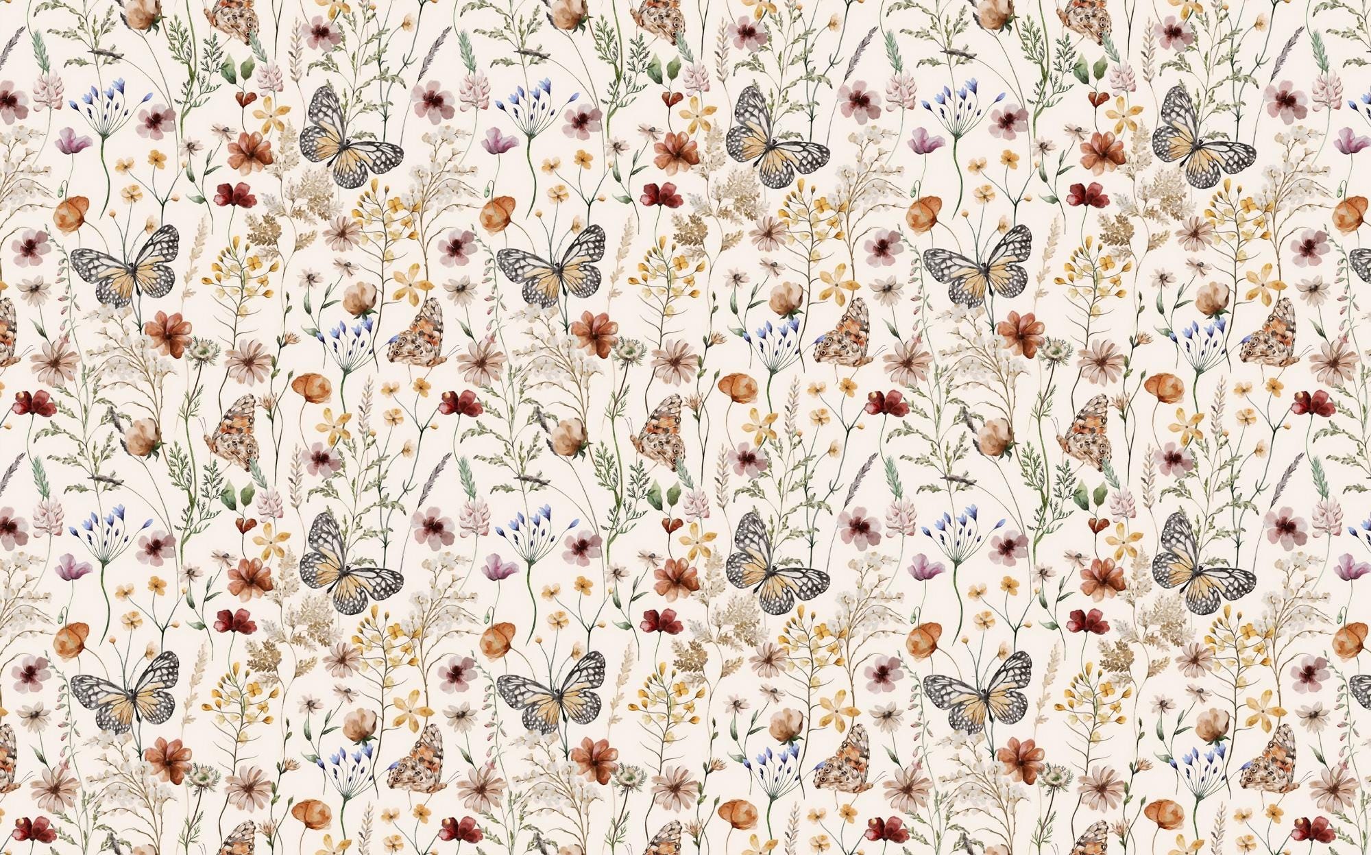 Watercolor Flower Butterfly Wallpaper: Boho Botanical Wall Mural - View 6