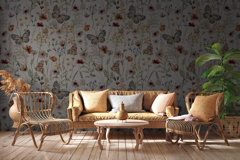Watercolor Flower Butterfly Wallpaper: Boho Botanical Wall Mural - View 5