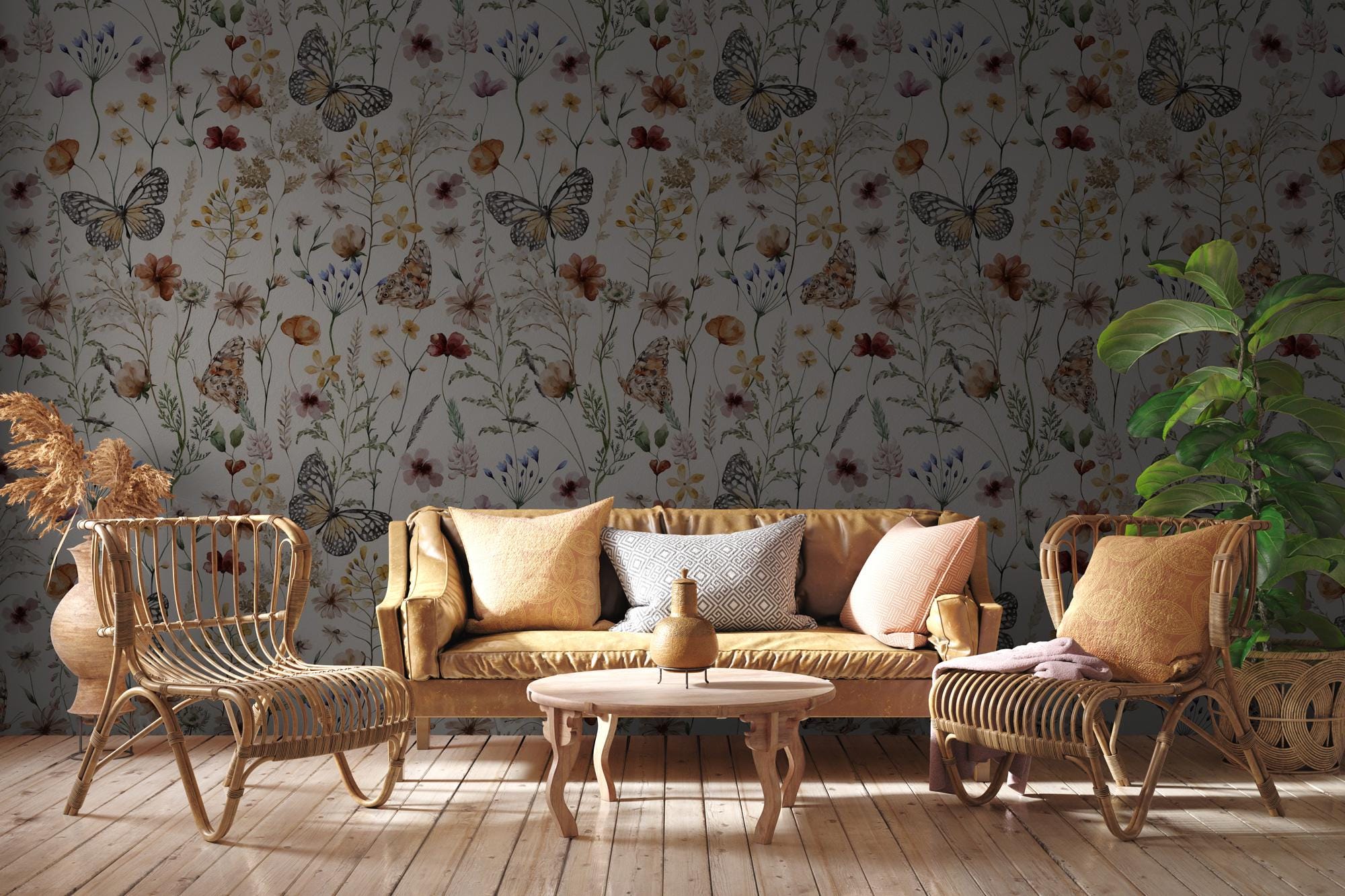 Watercolor Flower Butterfly Wallpaper: Boho Botanical Wall Mural - View 5
