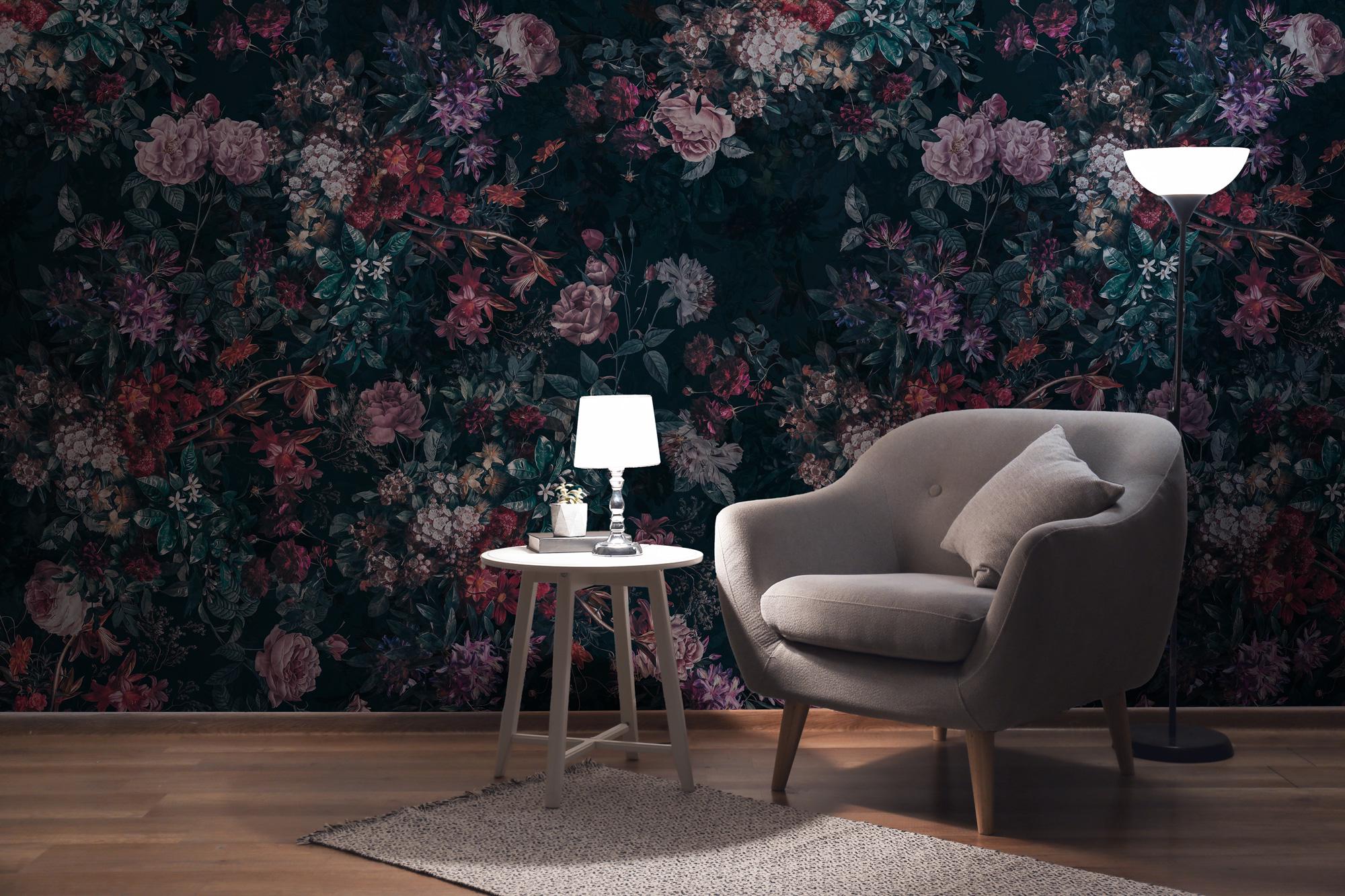 Dark Moody Floral Wallpaper, Peel and Stick Wall Mural, Vintage Blooms Wallpaper, Romantic Cottagecore Decor, Bold Statement Wall Mural - View 3