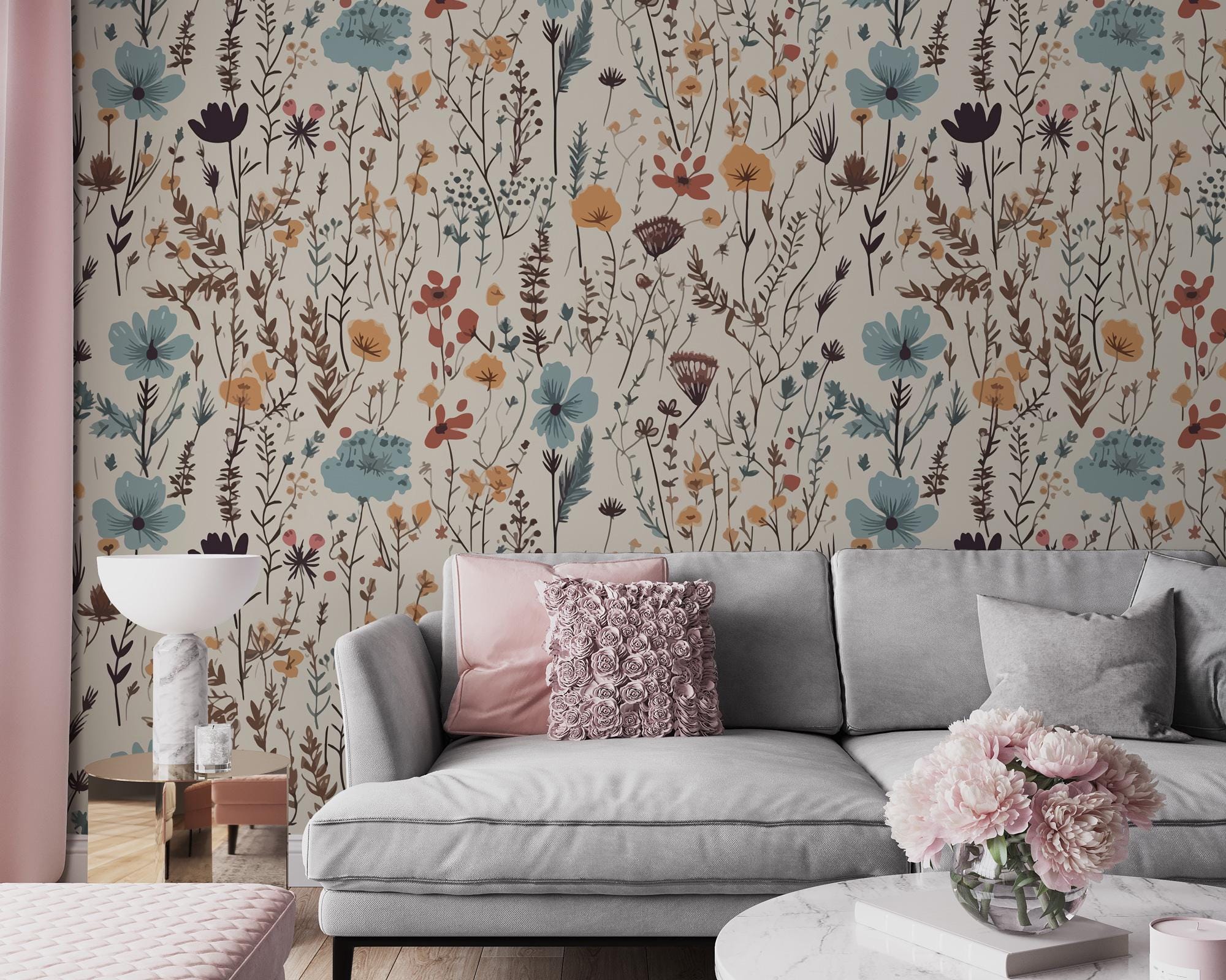 Floral Wallpaper Mural: Vintage Wildflower Pattern, Peel and Stick - View 3