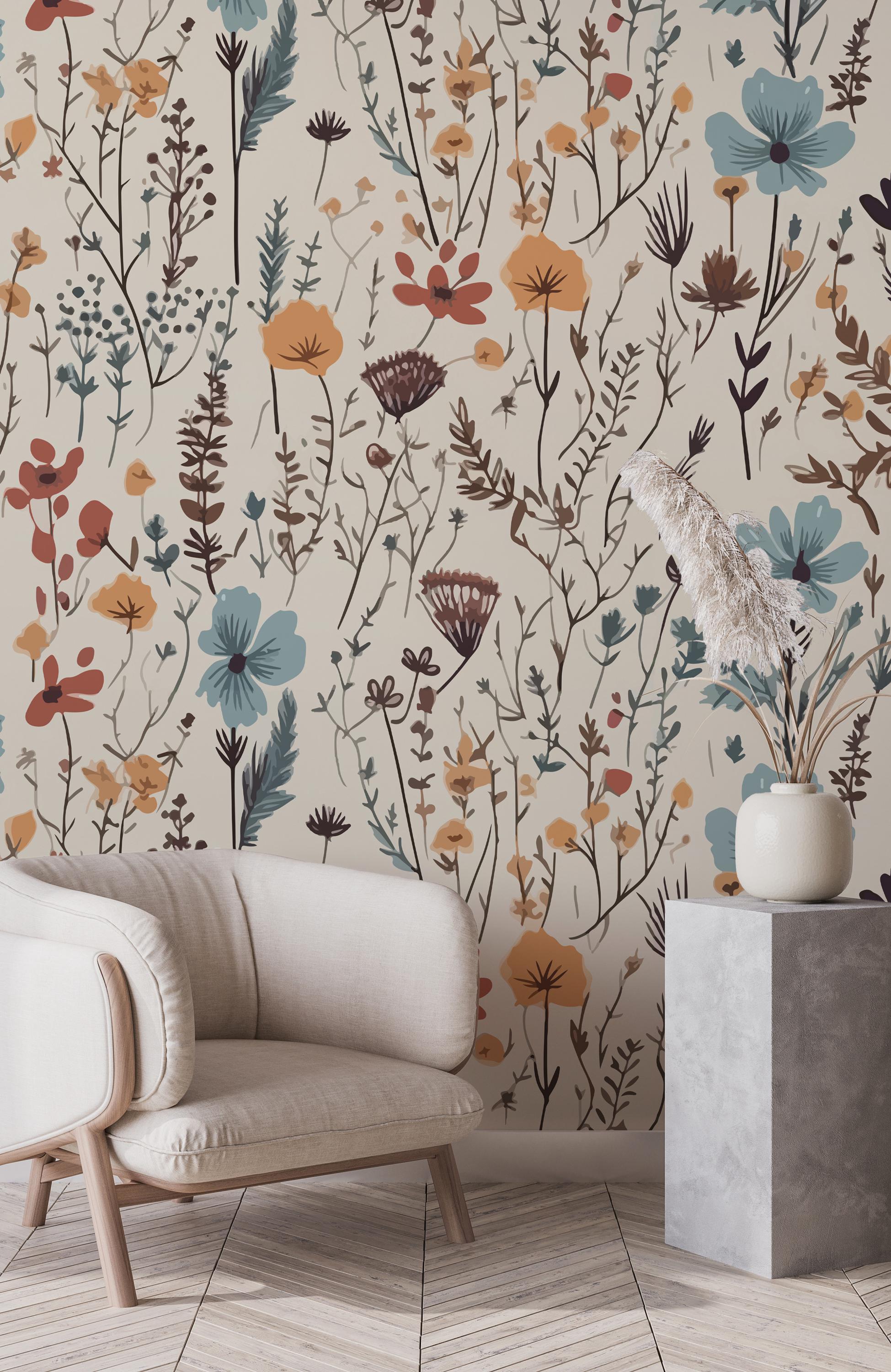 Floral Wallpaper Mural: Vintage Wildflower Pattern, Peel and Stick
