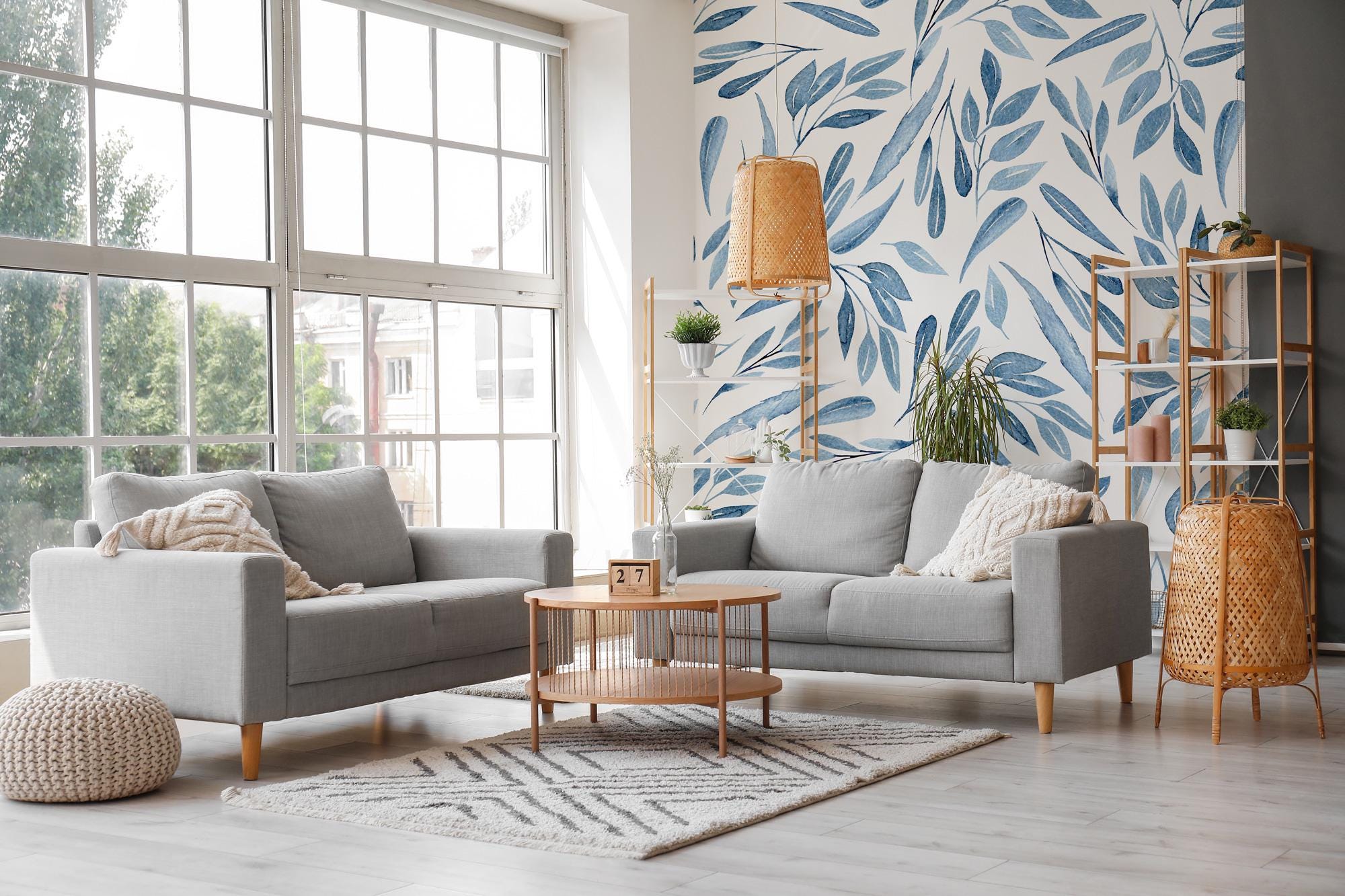 Boho Blue Leaf Wall Mural: Peel and Stick Wallpaper - View 4