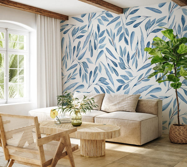 Boho Blue Leaf Wall Mural: Peel and Stick Wallpaper