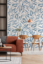 Boho Blue Leaf Wall Mural: Peel and Stick Wallpaper - View 2