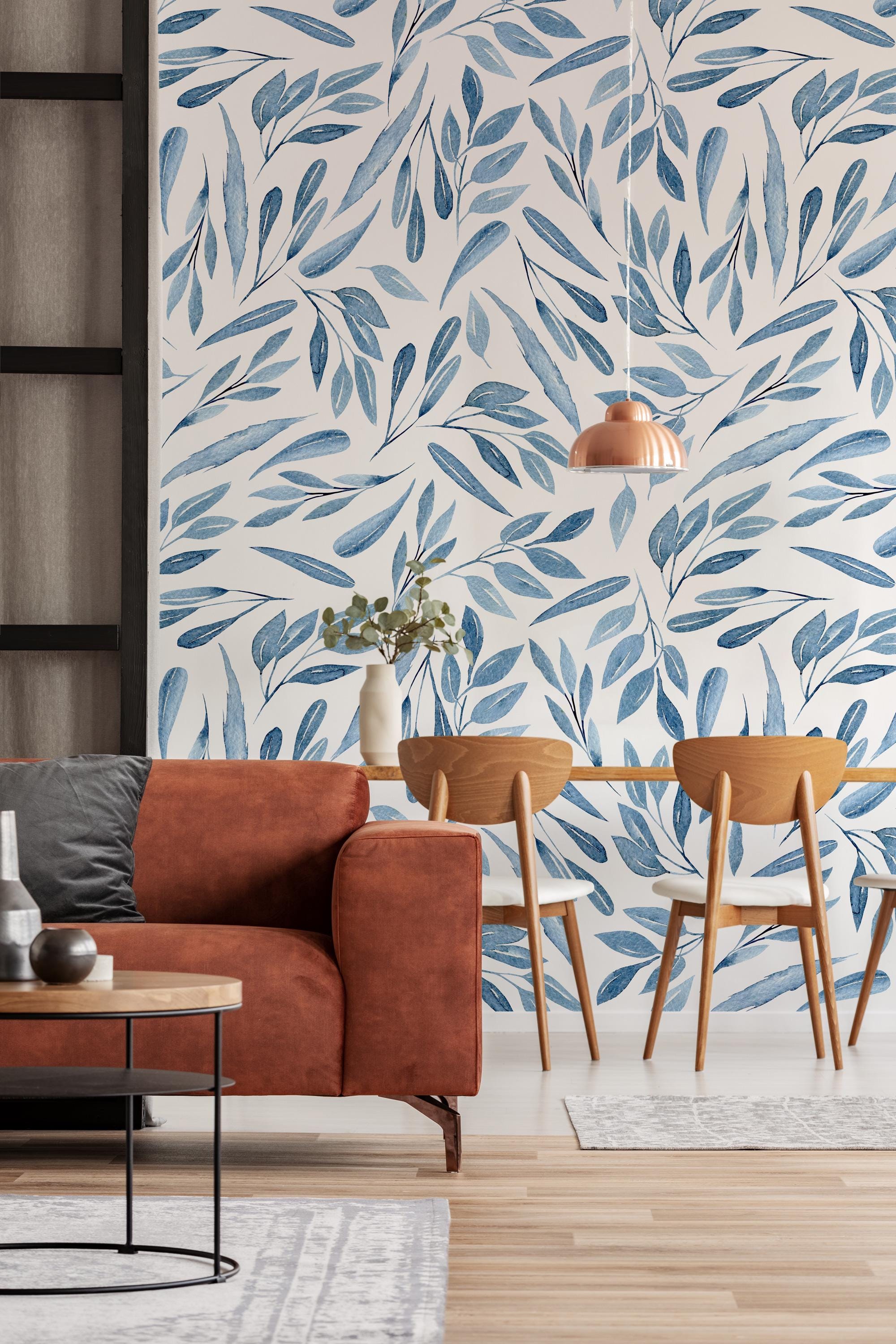 Boho Blue Leaf Wall Mural: Peel and Stick Wallpaper - View 2