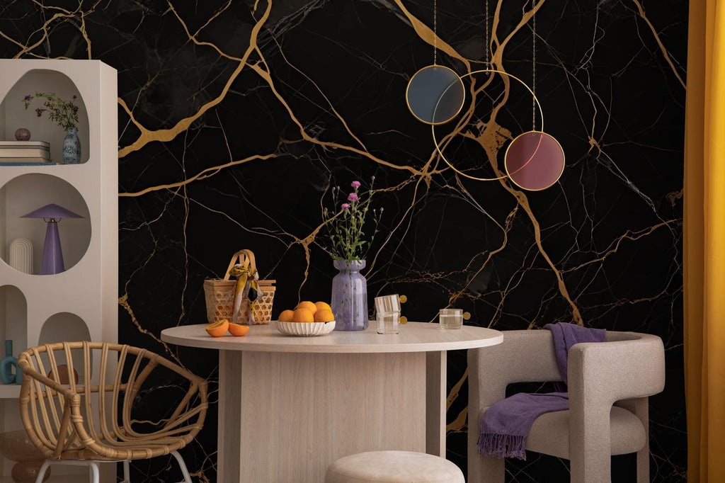 Black and Gold Marble Peel and Stick Wallpaper Mural: Modern Home Decor - View 5