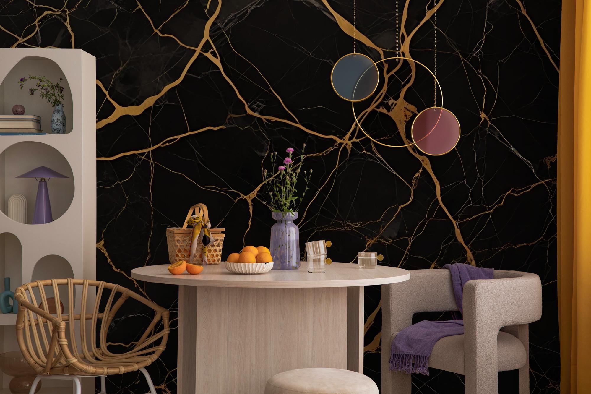 Black and Gold Marble Peel and Stick Wallpaper Mural: Modern Home Decor - View 5