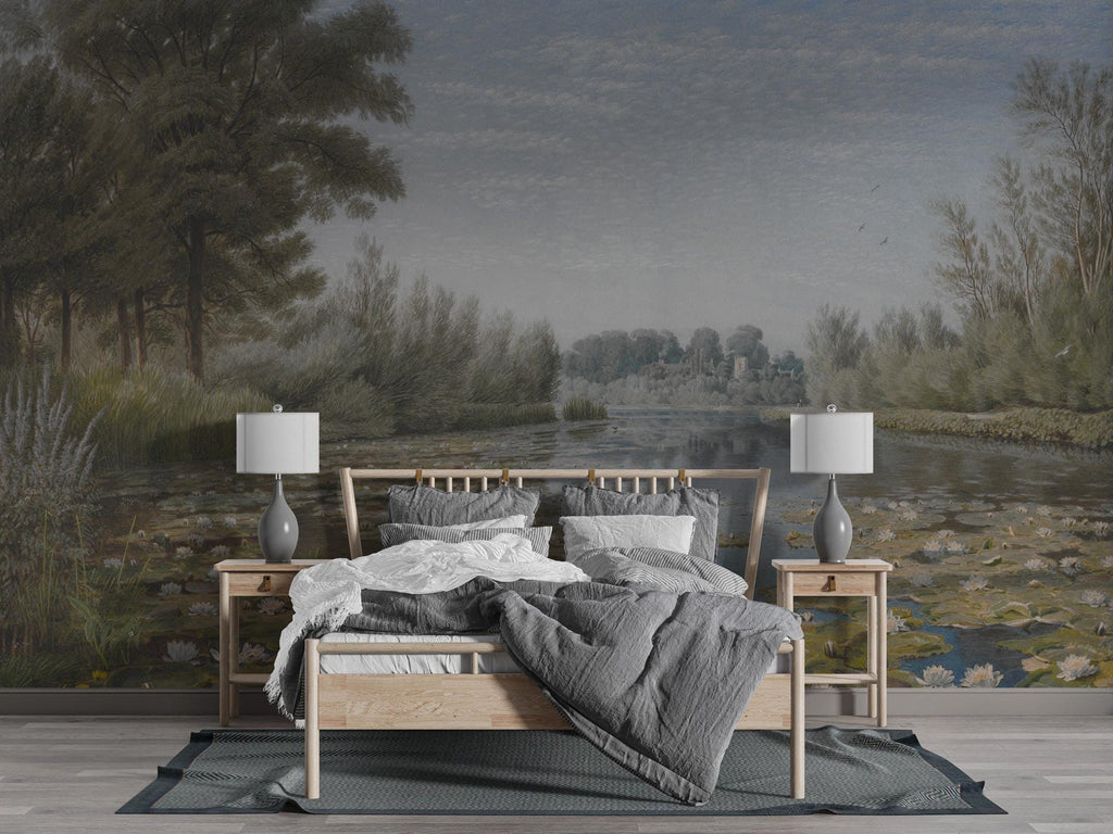 Water Lily Pond Wallpaper: Vintage Oil Painting Scenic Peel and Stick Wall Mural - View 4