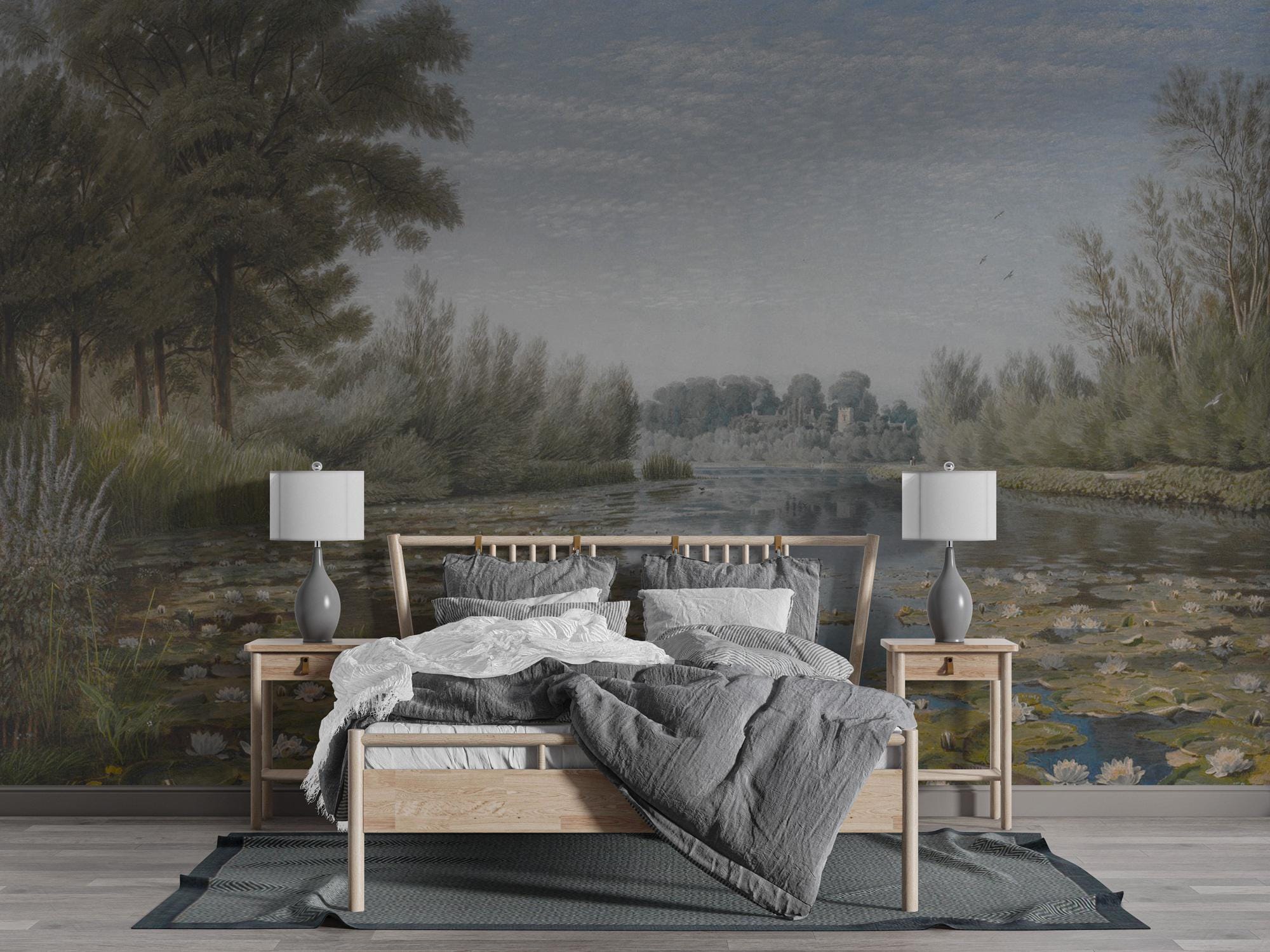 Water Lily Pond Wallpaper: Vintage Oil Painting Scenic Peel and Stick Wall Mural - View 4