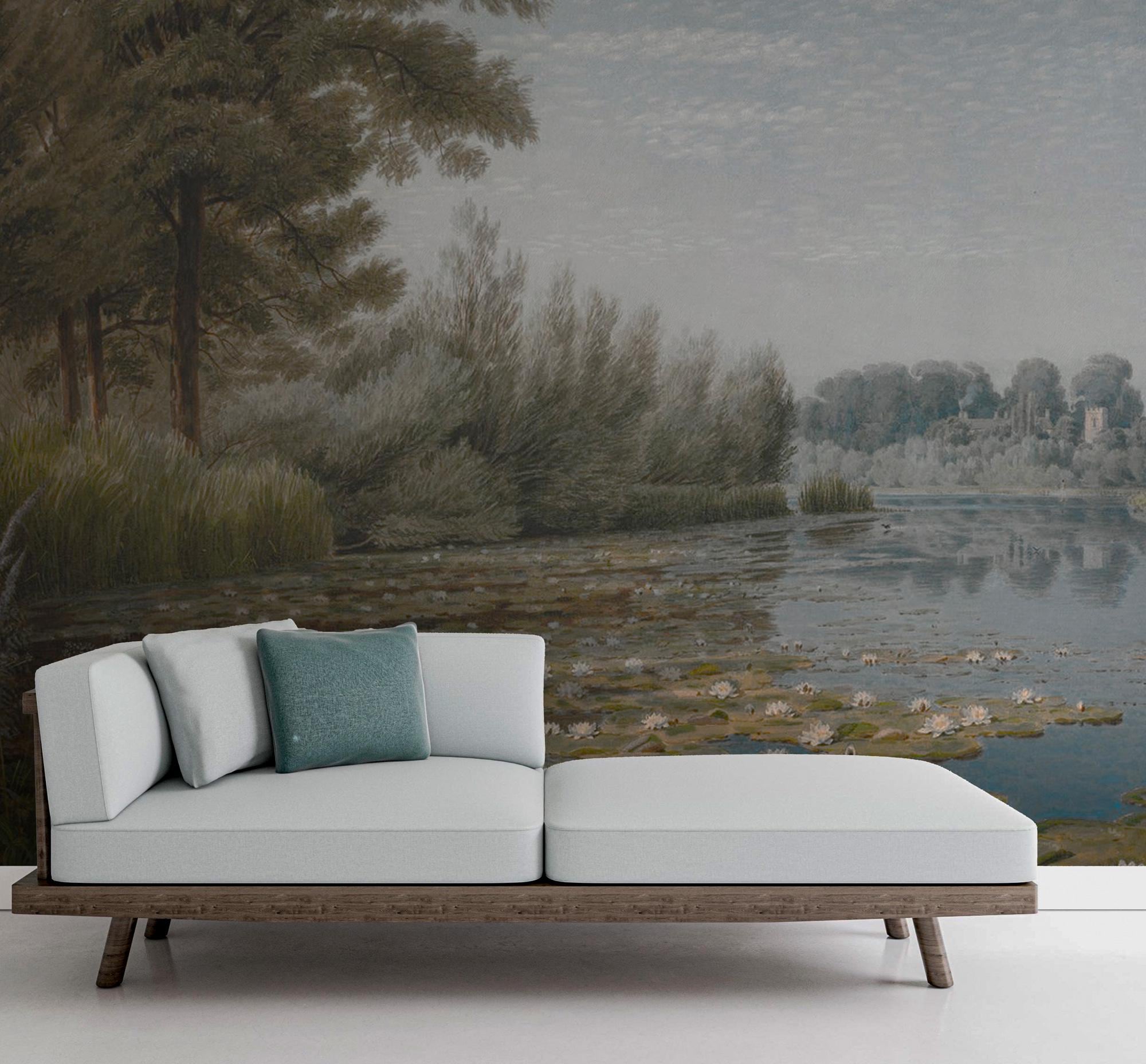 Water Lily Pond Wallpaper: Vintage Oil Painting Scenic Peel and Stick Wall Mural - View 2